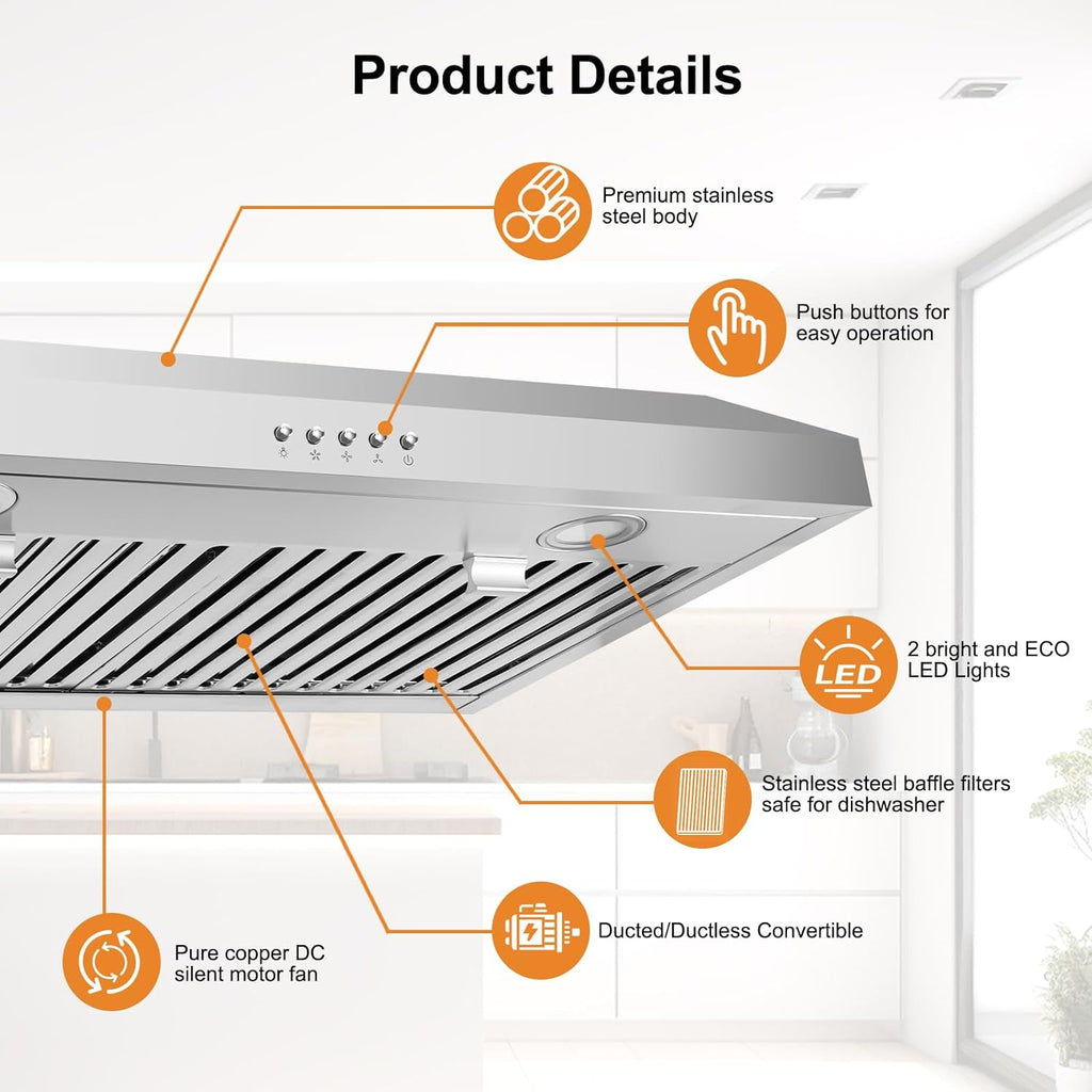 30 Inch Stainless Steel Under Cabinet Range Hood with Baffle Filters and 2 LED Lights F66606