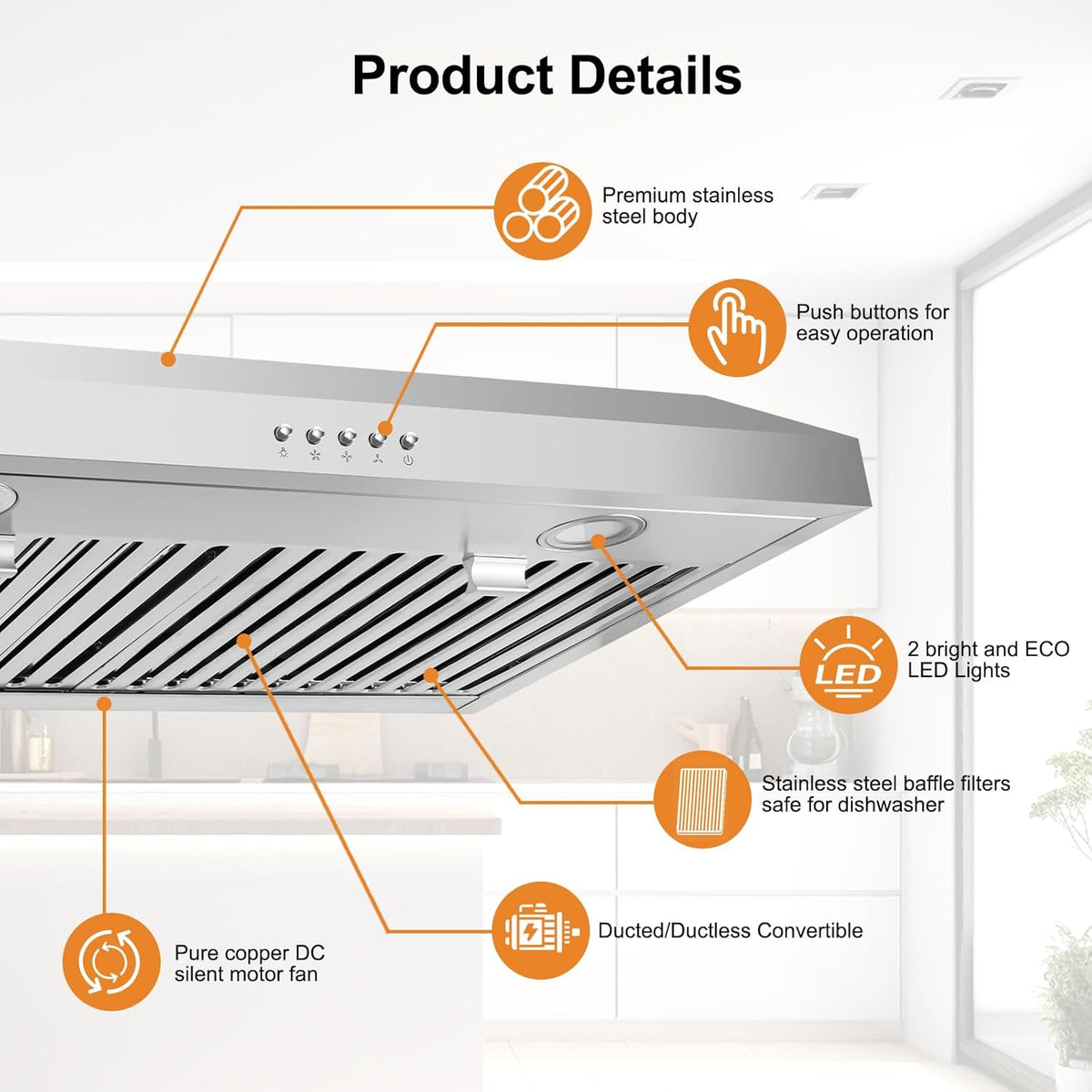 30 Inch Stainless Steel Under Cabinet Range Hood with Baffle Filters and 2 LED Lights F66606