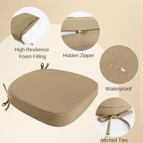 Outdoor Chair Cushions Set of 4, 17" x 17" x 3" Thick D-Shaped Waterproof with Ties N599