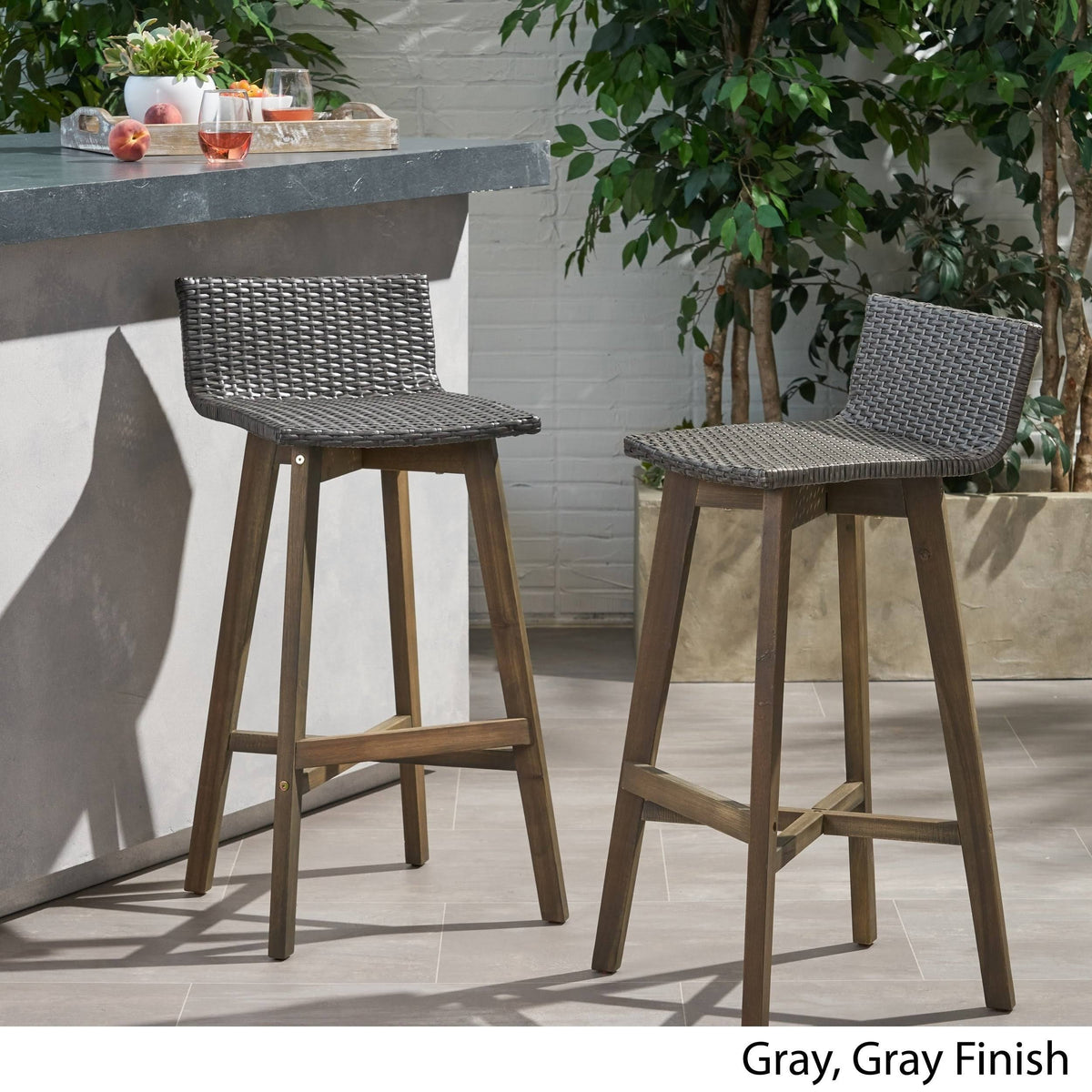 2pk Acacia Wood Wicker Patio Barstools Brown K263