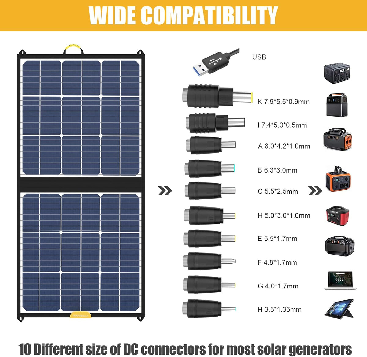 100W Foldable Solar Panel with 10 Connectors, Dual USB & DC Output, IP65 Waterproof M1208