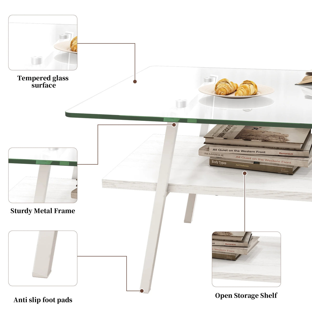 Rectangle Coffee Table with Glass Top and Metal Legs P2592