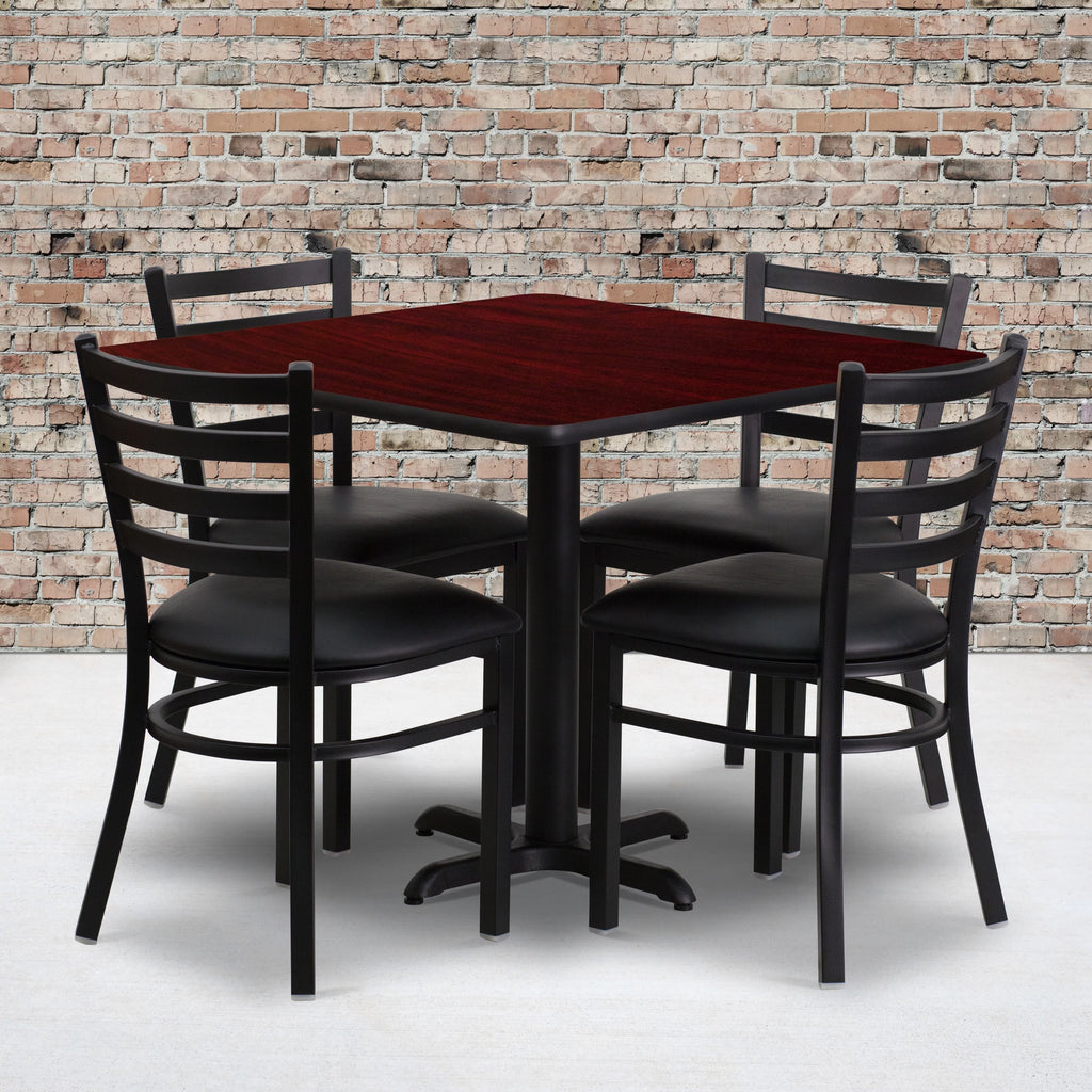 36'' Square Mahogany Laminate Table Set with 4 Metal Chairs H521