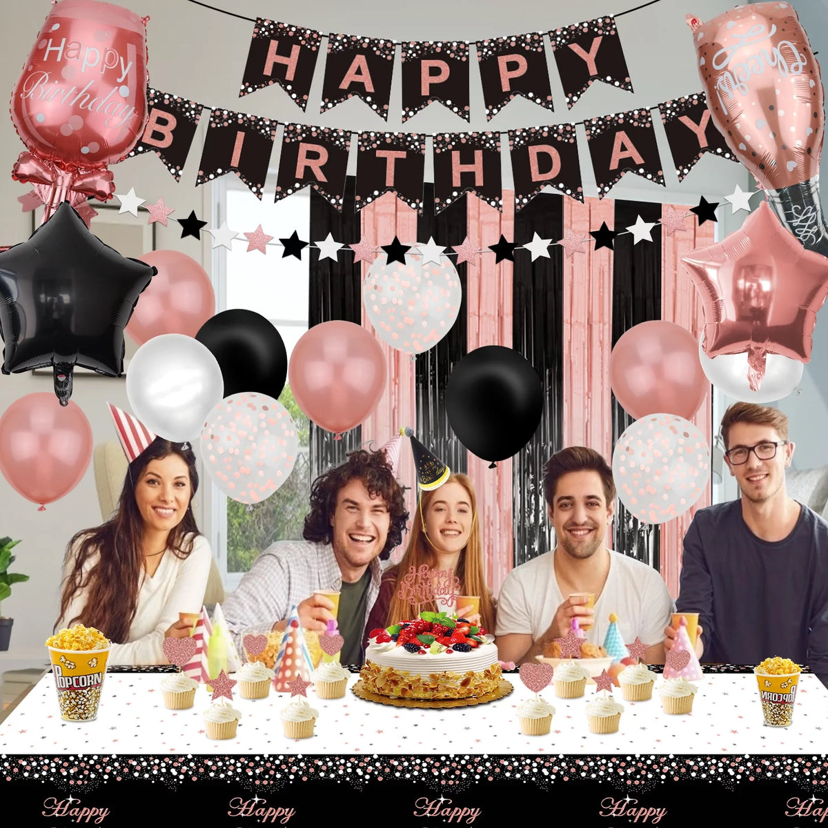 Rose Gold and Black Birthday Banner, Balloons, Fringe Curtains, Tablecloth and Cake Topper U34232
