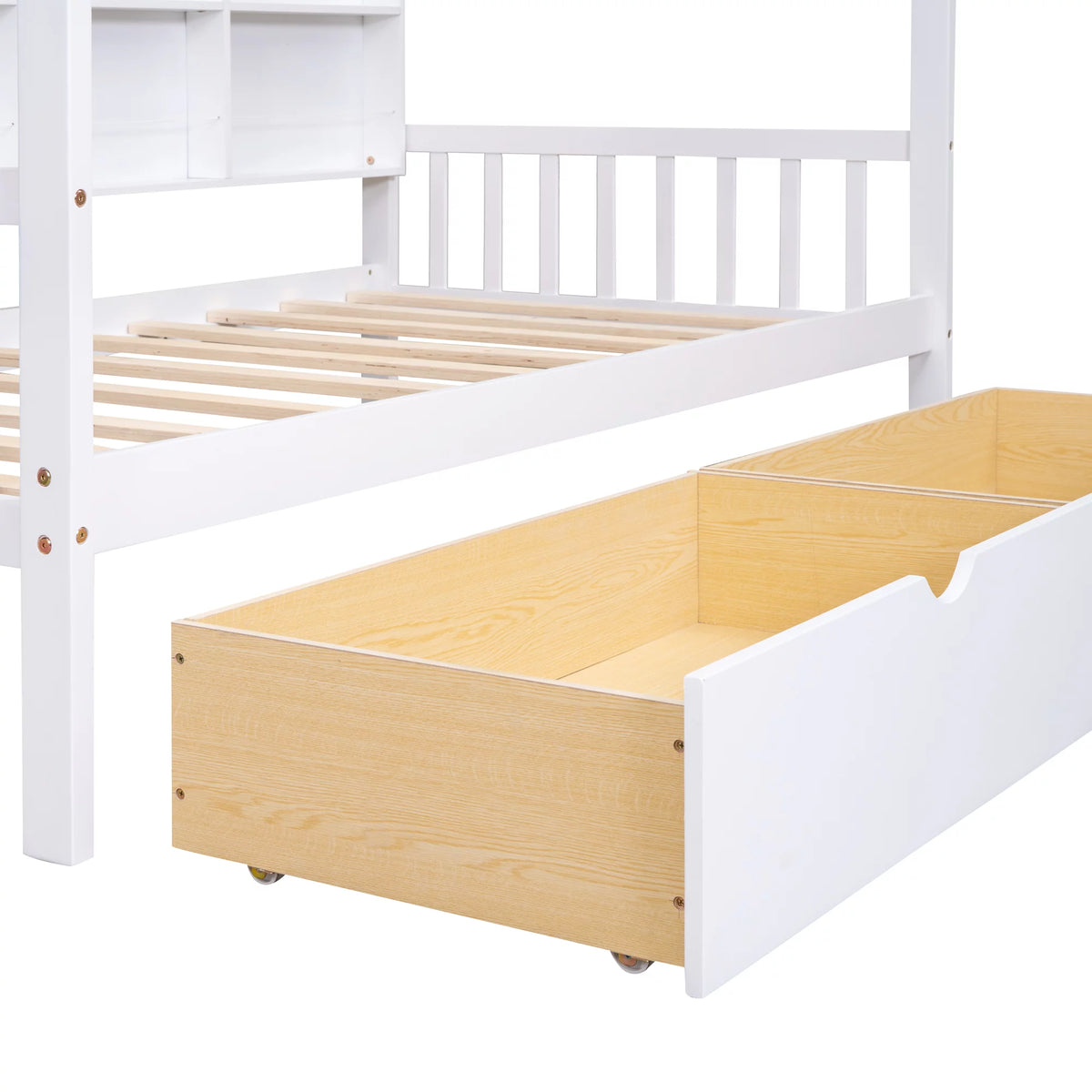 White Twin House Bed with Storage Drawers and Shelves U447
