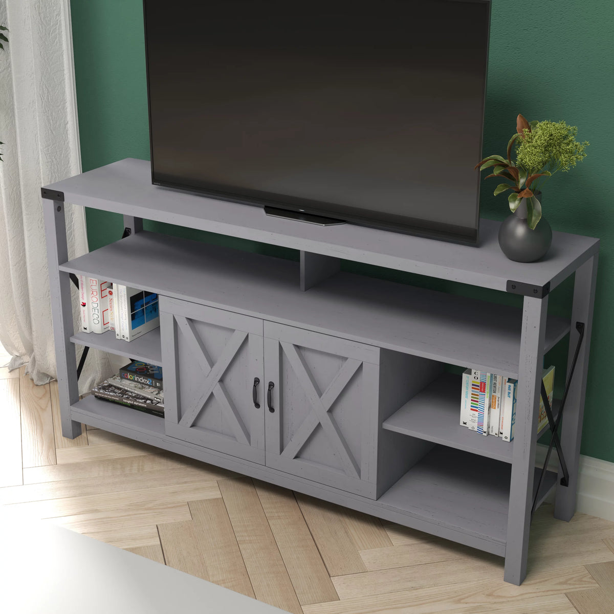 60 Inch Coastal Gray Media Console Cabinet S9155