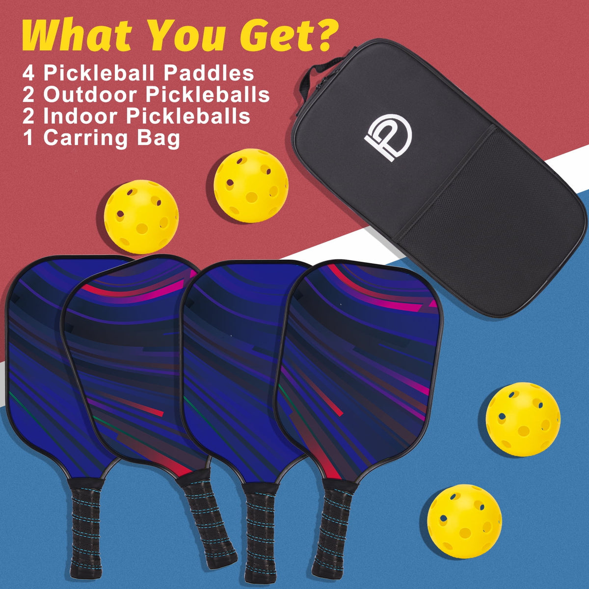 Wood Pickleball Paddles Set of 4 with Mesh Bag O76595