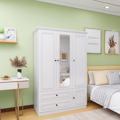White 4 Door Armoire with 2 Hanging Rods and 4 Drawers W707