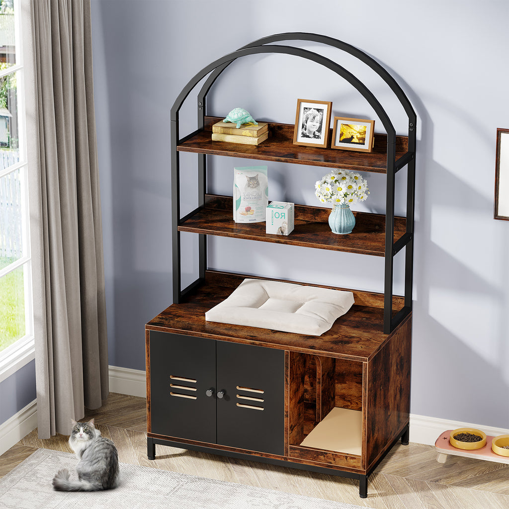 Cat Litter Box Enclosure Furniture with Shelves and Doors W417