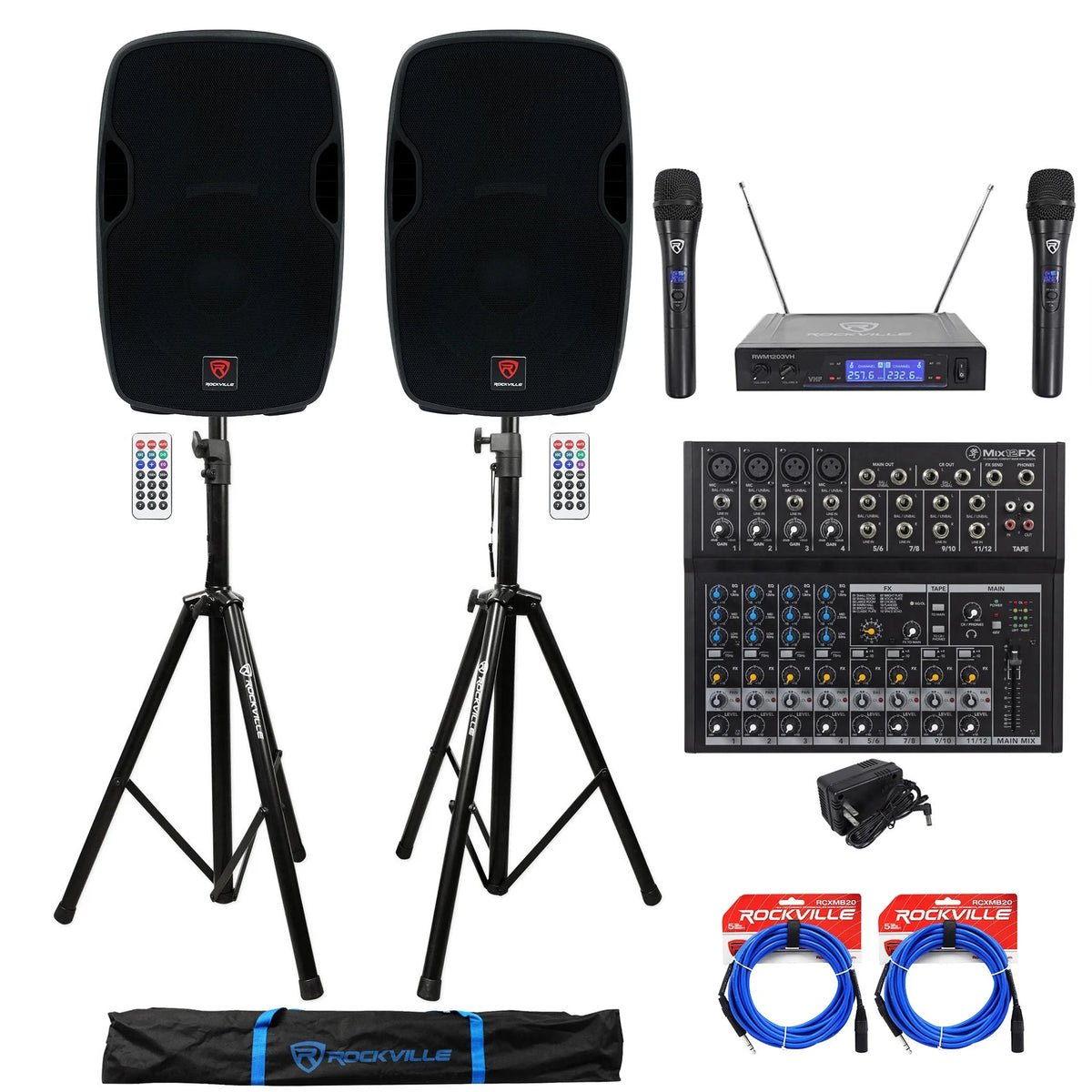 15" 1600w Active PA/DJ Speakers with Mixer, Mic, Stands, Cables, Bag S587261