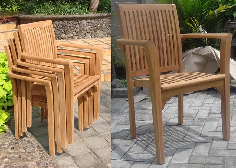 5 Pc Teak Dining Set with Round Table and 4 Stacking Arm Chairs I76336