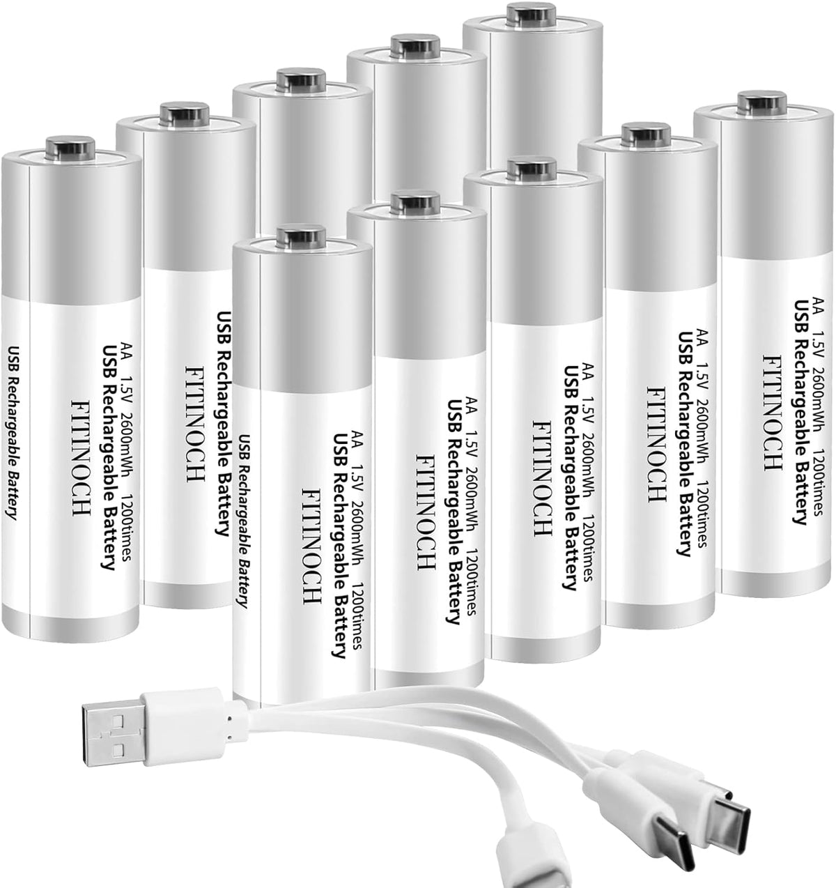 10 Pack Rechargeable AA Lithium Batteries with 4 in 1 USB Charging Cable C599405