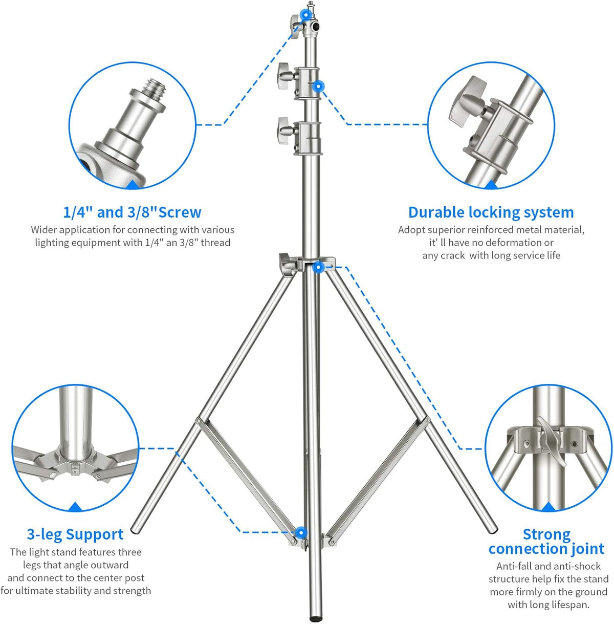 Stainless Steel Heavy Duty Light Stand 118"/300CM with Universal Adapter K725
