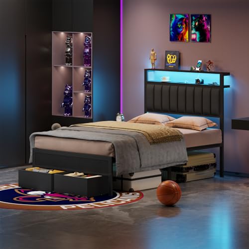 Grey Upholstered Twin Bed Frame with Charging Station and LED Lights A71132