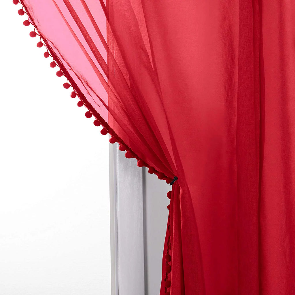 Semi-Sheer Curtains with Pom Pom Tassels 2 Piece Set 60 X 84 Red V521643