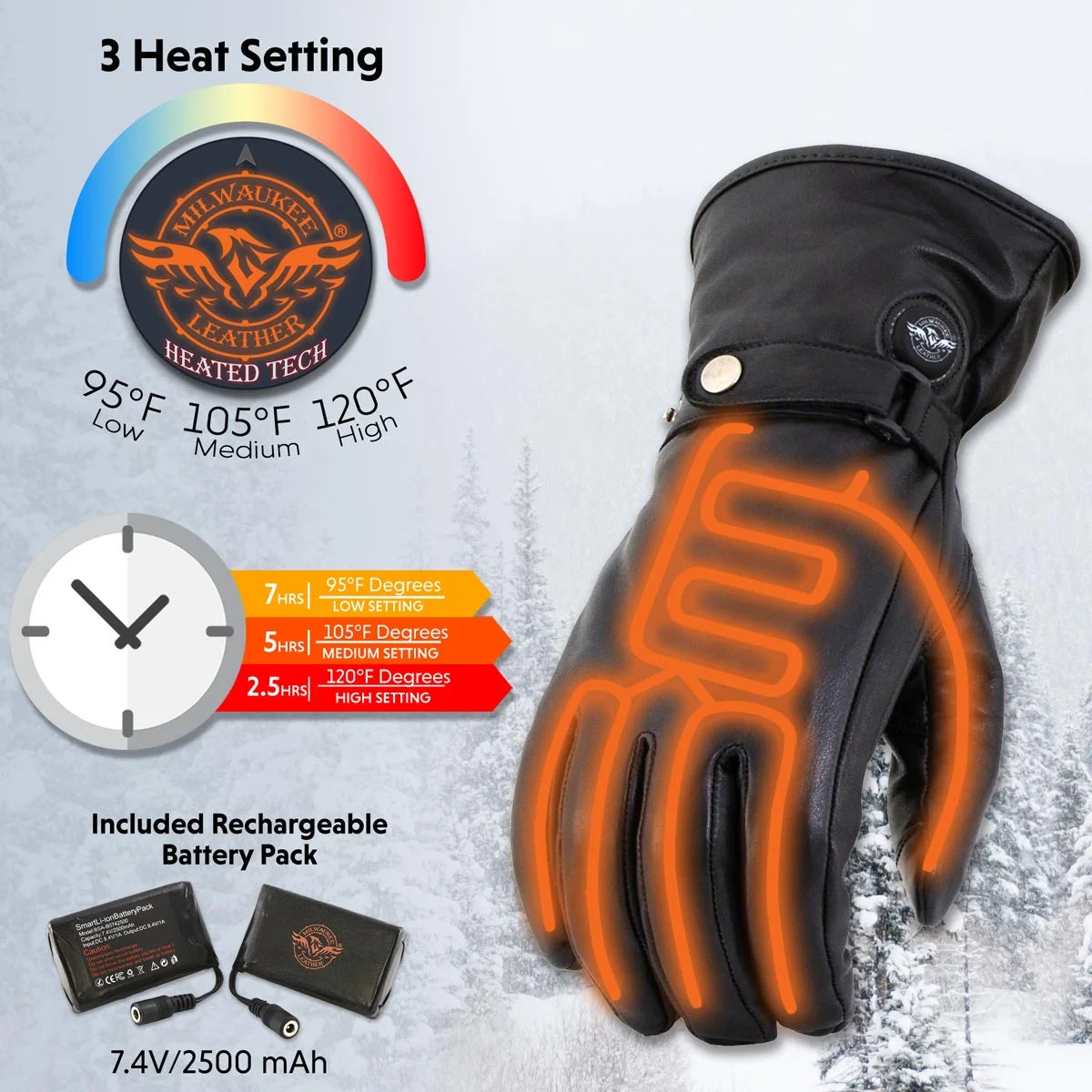 Black Leather Heated Winter Gloves with Battery X-Large E264484