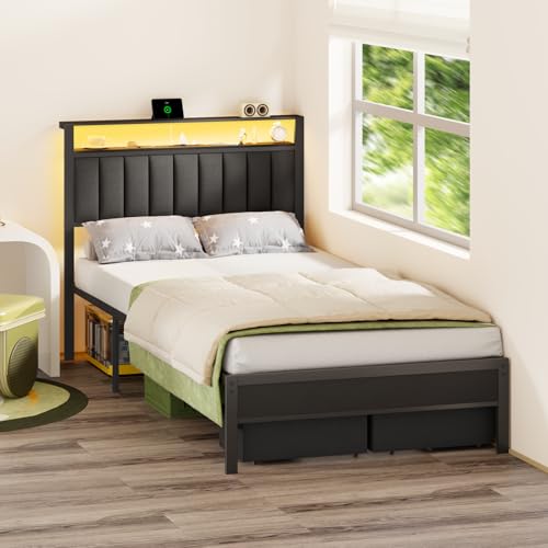 Grey Upholstered Twin Bed Frame with Charging Station and LED Lights A71132