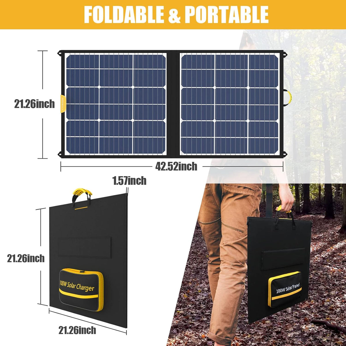 100W Foldable Solar Panel with 10 Connectors, Dual USB & DC Output, IP65 Waterproof M1208