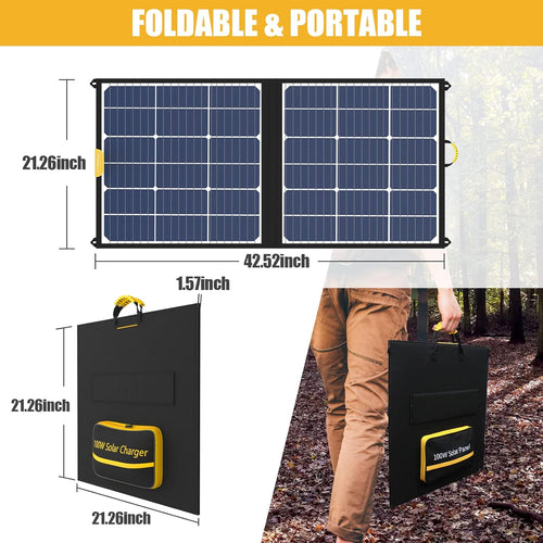 100W Foldable Solar Panel with 10 Connectors, Dual USB & DC Output, IP65 Waterproof M1208