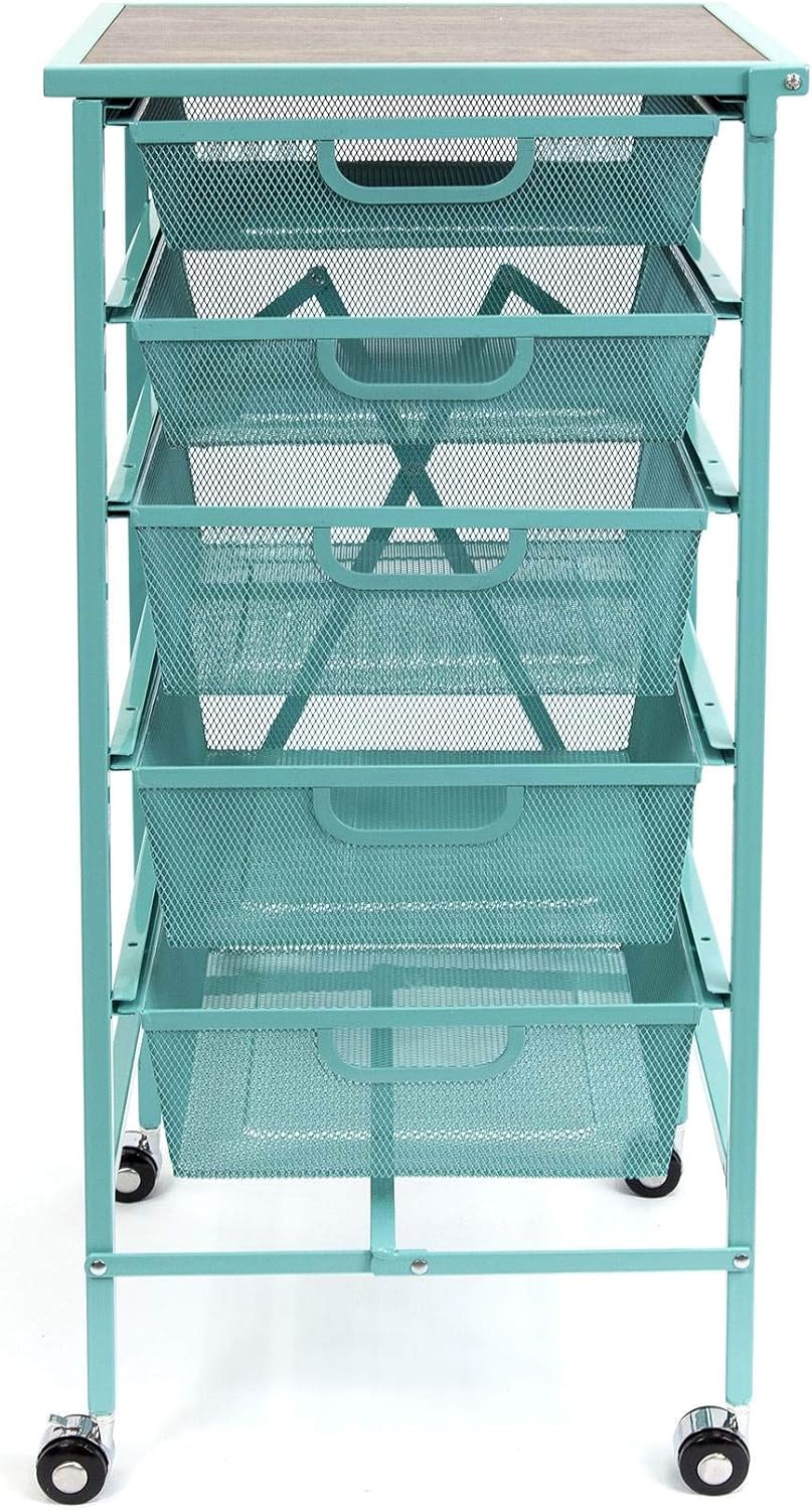 Turquoise Wheeled Folding Steel 5 Drawer Kitchen Cart Wood Top I93535