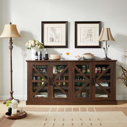 70" Wood Rustic Sideboard Buffet Cabinet with 4 Glass Barn Doors & Adjustable Shelf (Dark Grey) D85591