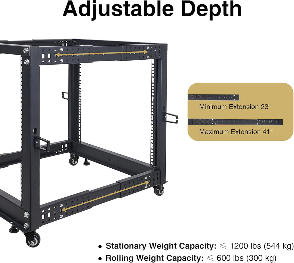 15U Open Frame Server and Network Equipment Rack with Adjustable Depth, Casters, Levelers, Cable Management L52122