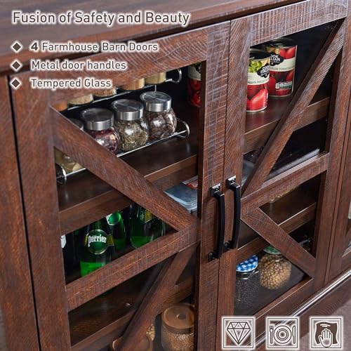 70" Wood Rustic Sideboard Buffet Cabinet with 4 Glass Barn Doors & Adjustable Shelf (Dark Grey) D85591