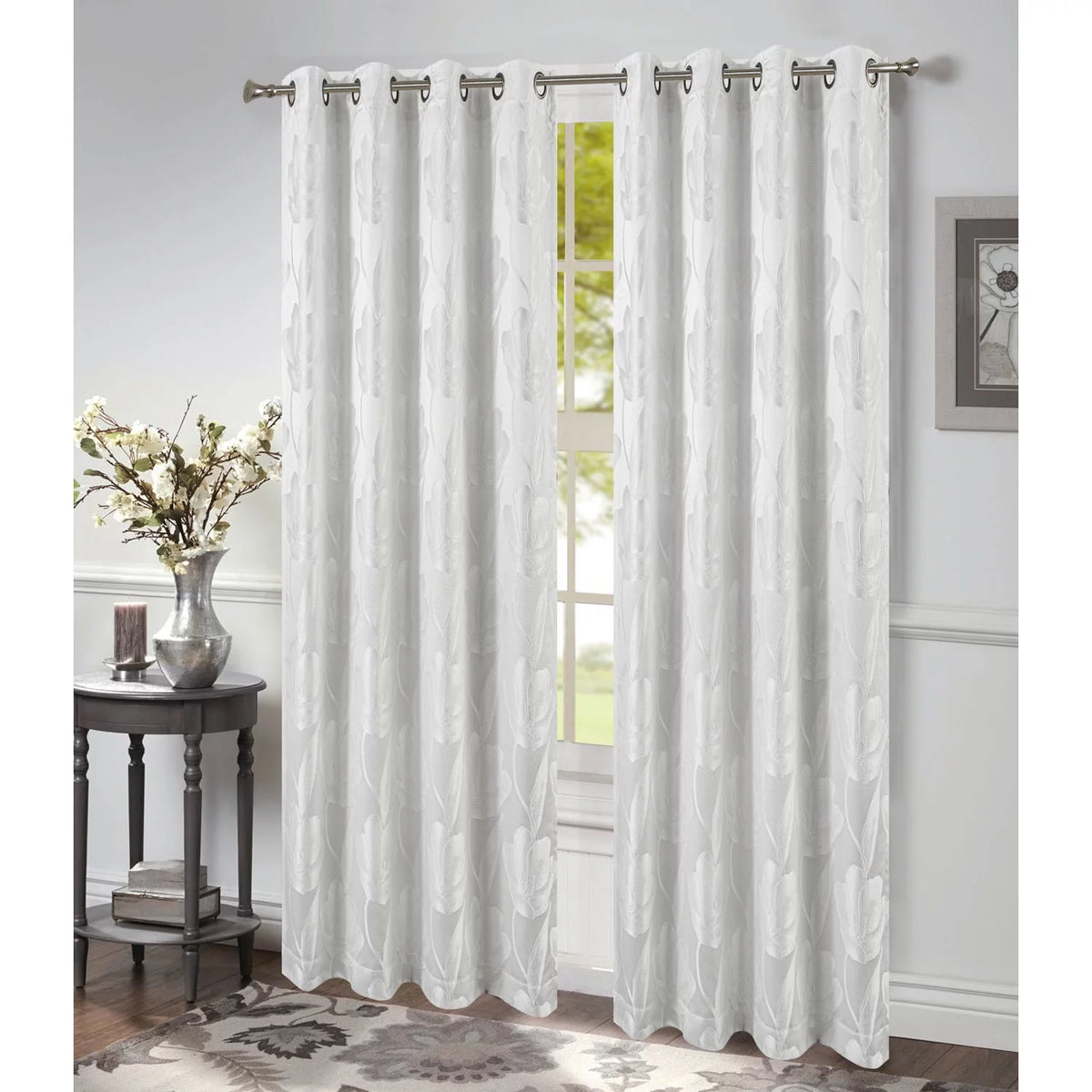 Floral Jacquard Grommet Window Panel, White, 54x84 Inches A32570