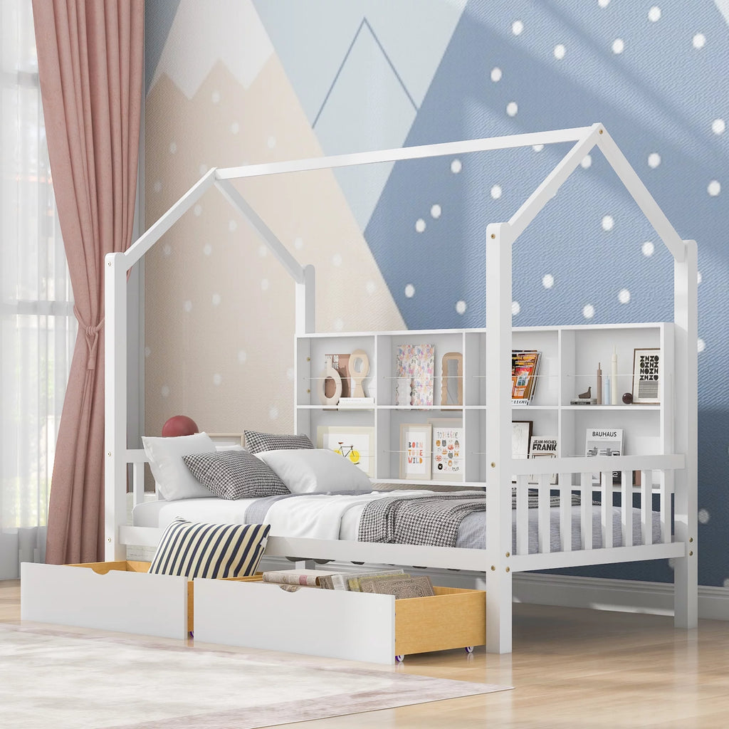 White Twin House Bed with Storage Drawers and Shelves U447