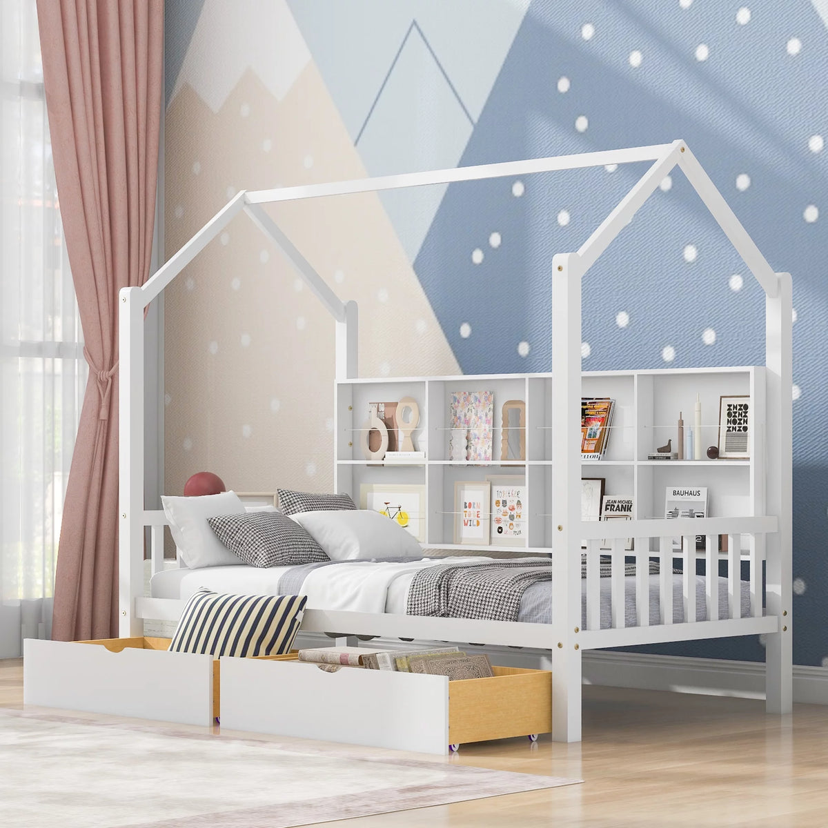 White Twin House Bed with Storage Drawers and Shelves U447