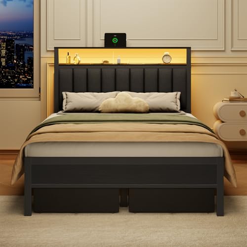 Grey Upholstered Twin Bed Frame with Charging Station and LED Lights A71132