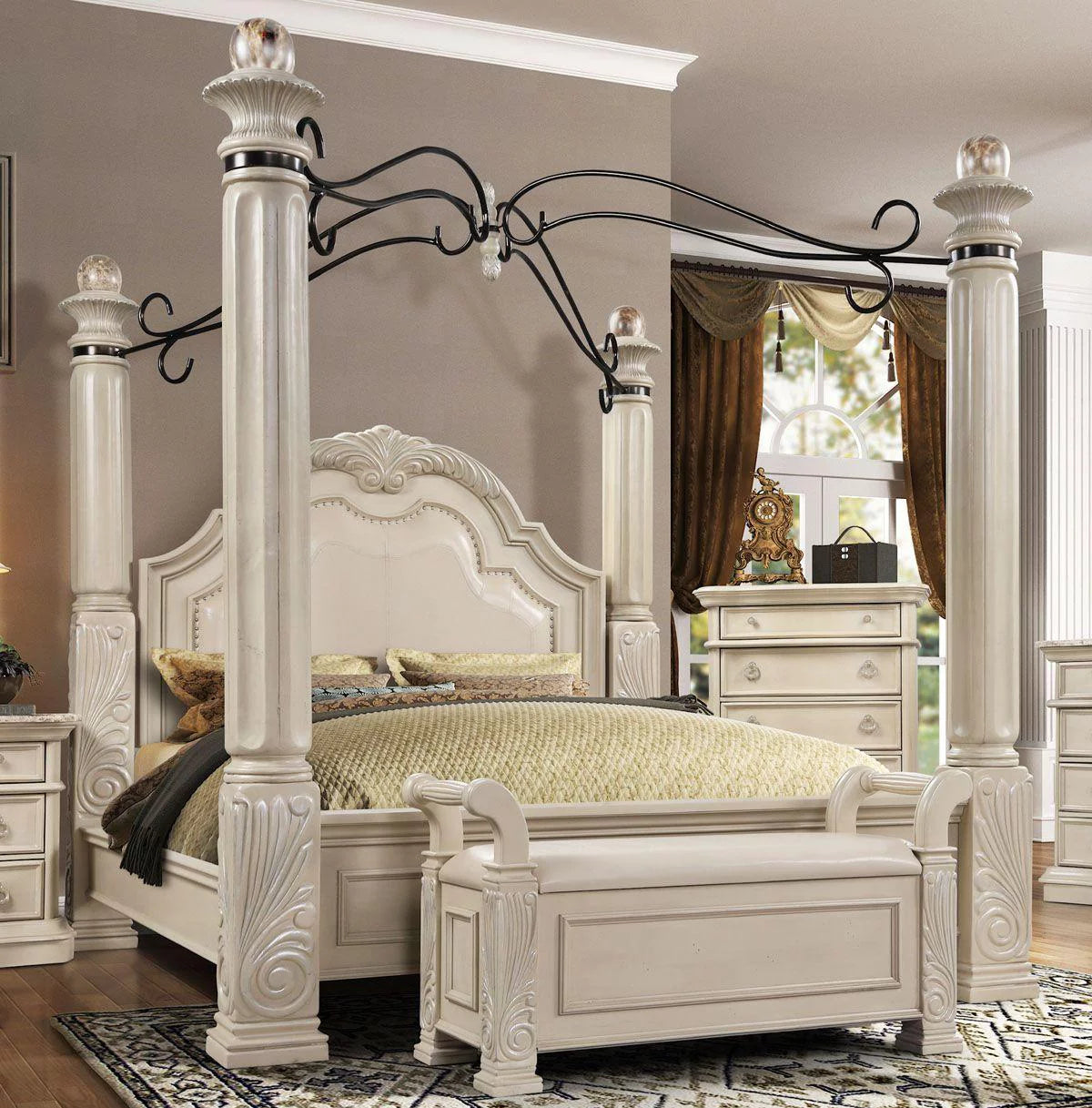 Antique White Solid Hardwood King Canopy Bed W987335