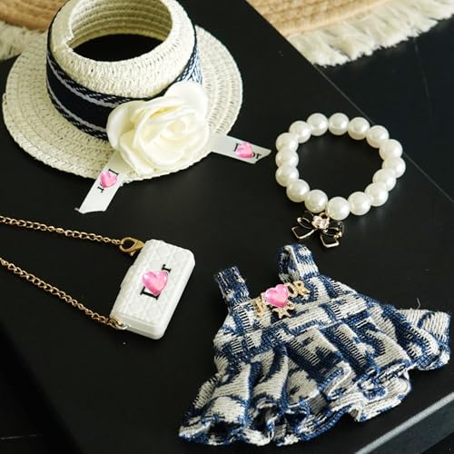 17cm Doll Clothes Set with Hat Pearl Necklace Bag Accessories Blue L840486