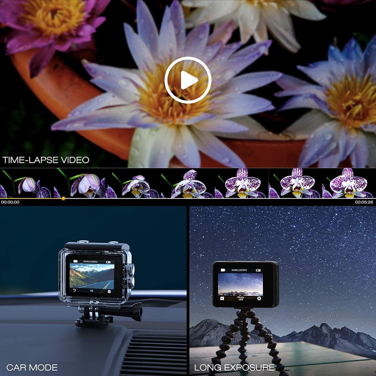 4K 20MP Waterproof Action Camera with Dual Screen and 2 Batteries J225860