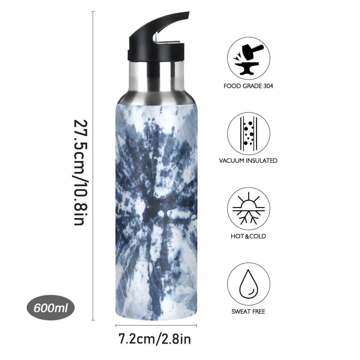 Tie-dye Blue Stainless Steel Insulated Water Bottle with Straw Lid Z895898