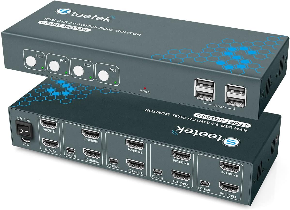 KVM Switch Dual Monitor 4 Port 4K@30Hz, HDMI 4 in 2 Out, with 8 HDMI and 4 USB Cables U8336