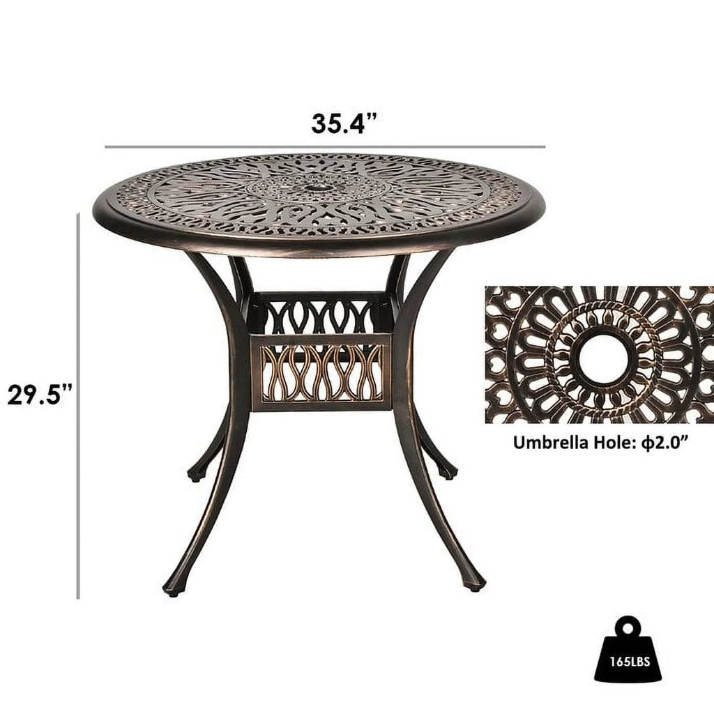 35.4" Diameter Cast Aluminum Round Patio Dining Table with Umbrella Hole I49809