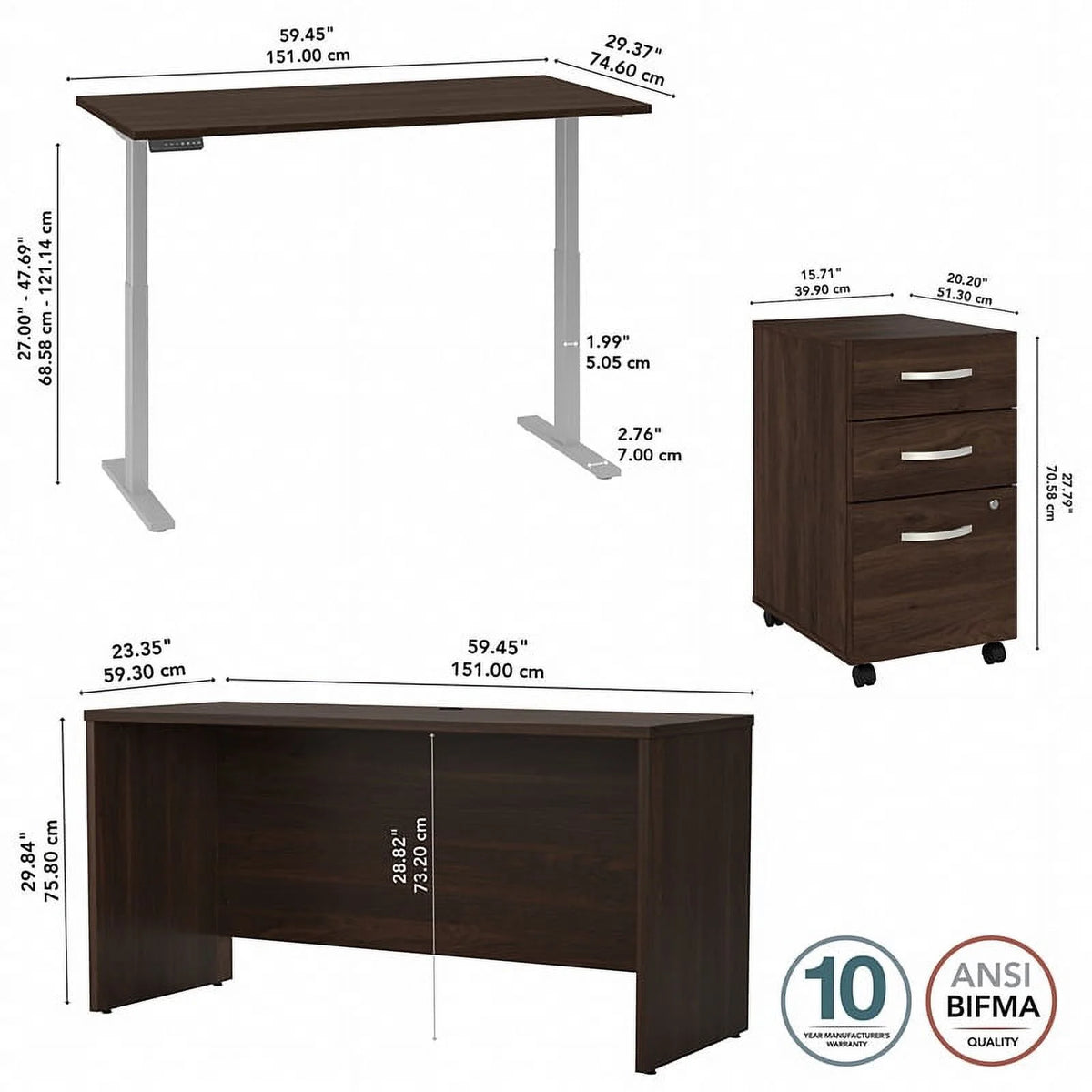 Black Walnut Engineered Wood Adjustable Standing Desk Set S3055