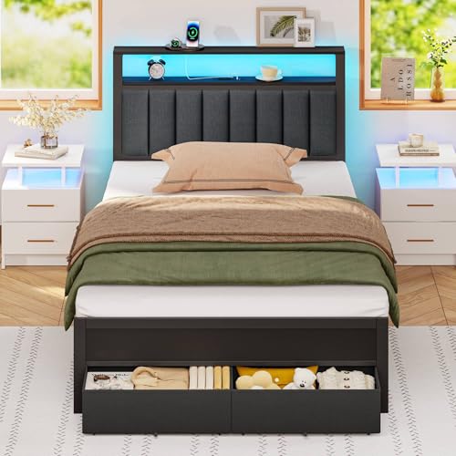 Grey Upholstered Twin Bed Frame with Charging Station and LED Lights A71132