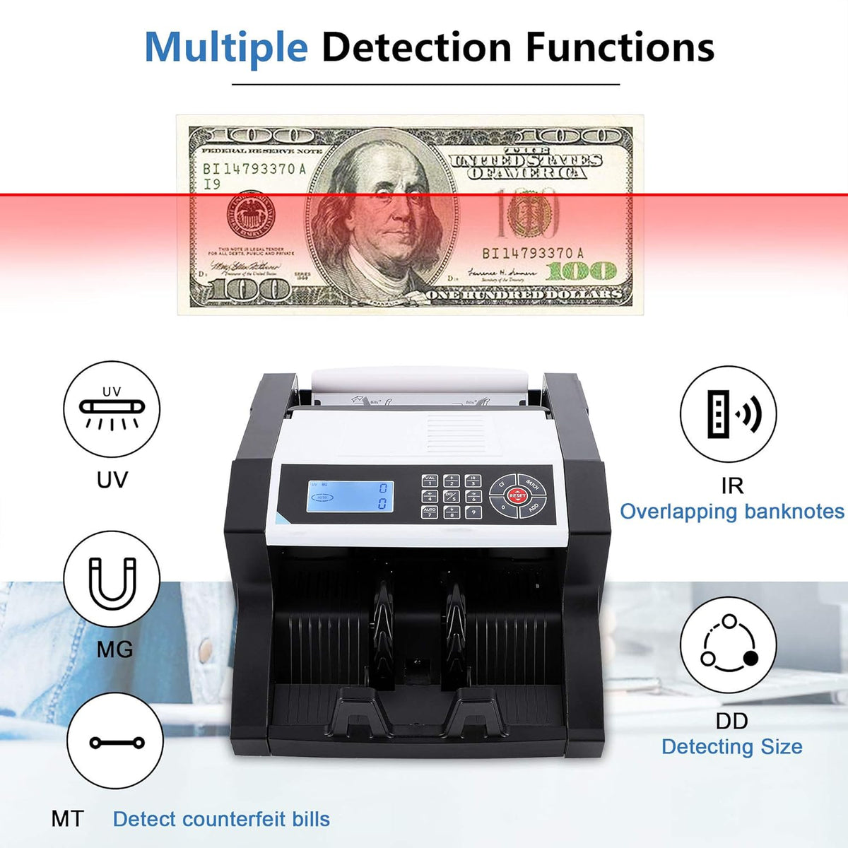 Money Counter with UV/MG/MT/IR/DD Counterfeit Detection Cash Bill Counting Machine J763612
