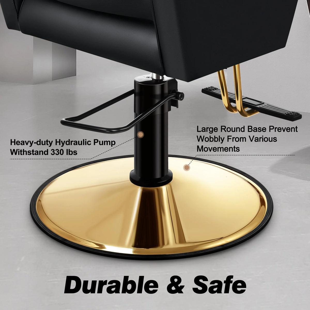 Gold Salon Chair with Black Leather Upholstery and Adjustable Height W6102