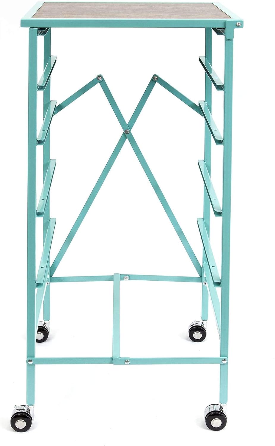 Turquoise Wheeled Folding Steel 5 Drawer Kitchen Cart Wood Top I93535