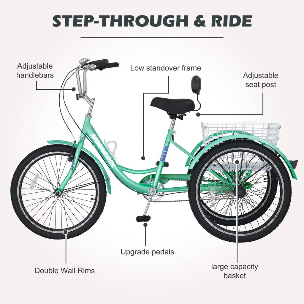 Adult Tricycles Single Speed 24 inch Three Wheel Bike Cruiser Trike with Low-Step Through Frame Large Basket G87790