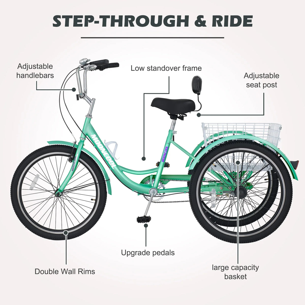 Adult Tricycles Single Speed 24 inch Three Wheel Bike Cruiser Trike with Low-Step Through Frame Large Basket G87790