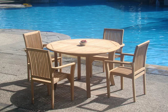 5 Pc Teak Dining Set with Round Table and 4 Stacking Arm Chairs I76336