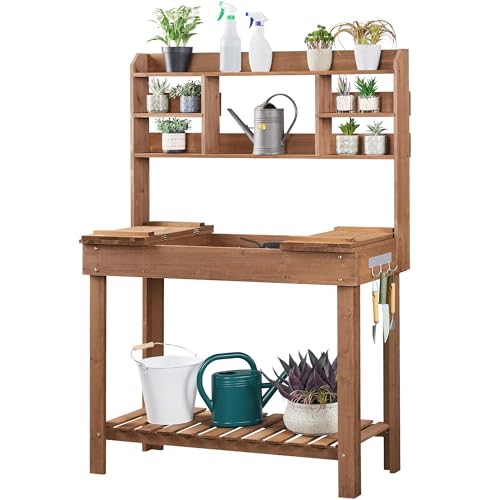 Brown Potting Bench Table with Storage Shelf E7409