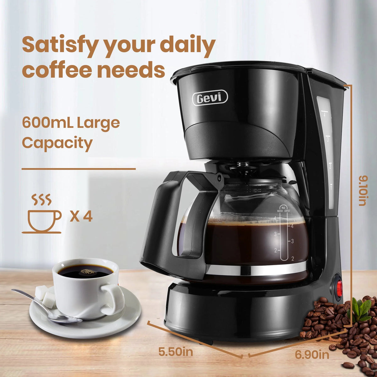 4 Cup Drip Coffee Maker with Reusable Filter, Black W44871