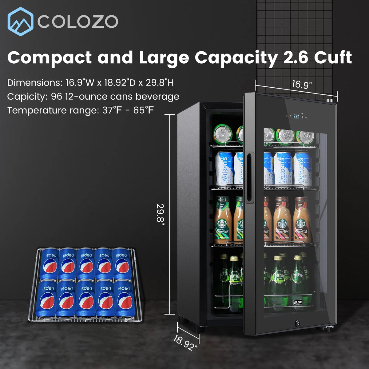 Black 96 Cans Beverage Refrigerator with Glass Door L82555