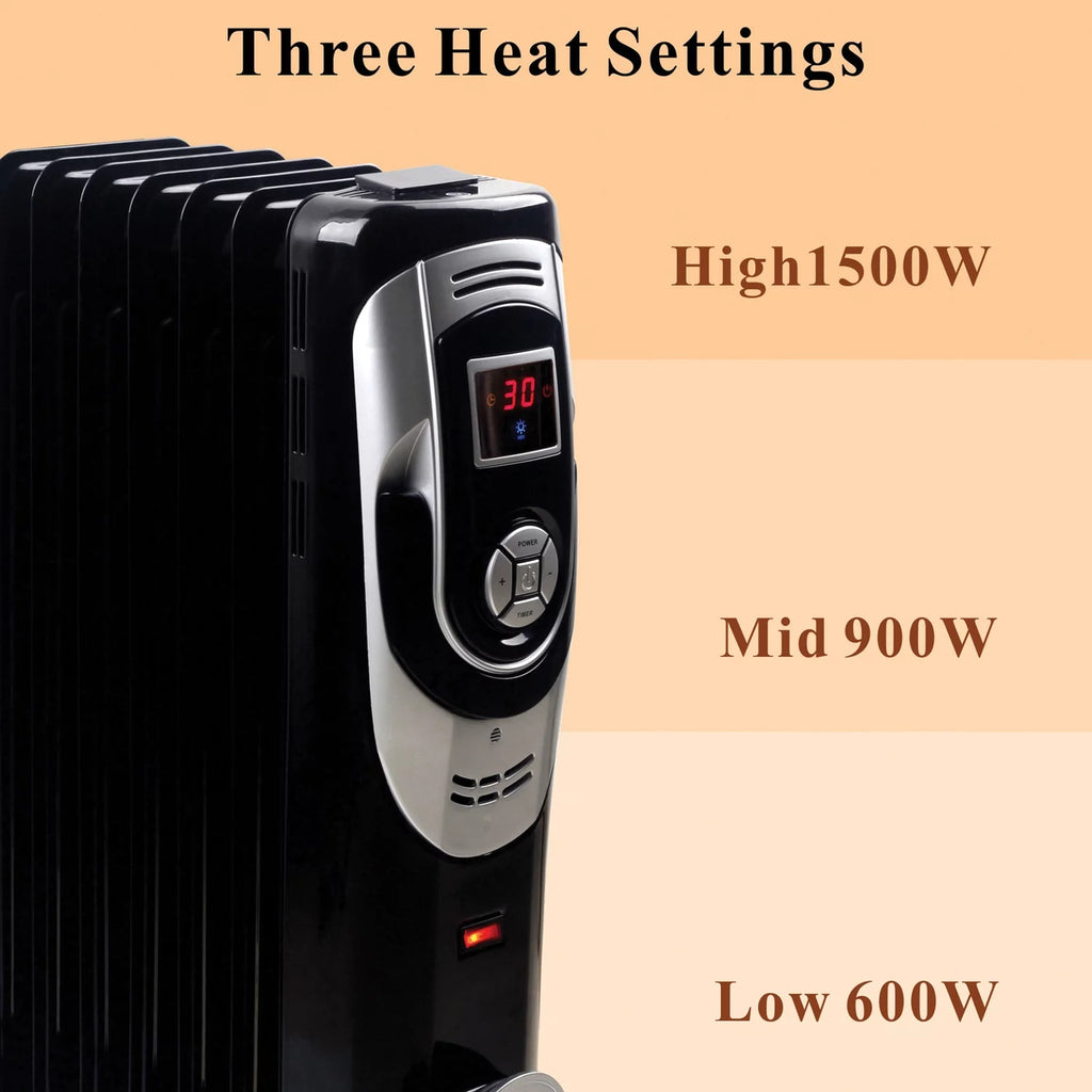 3-Setting 1,500-Max 7-Fin Portable Oil-Filled Radiator Heater with Digital Display U6712