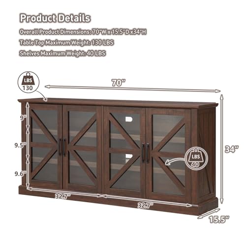 70" Wood Rustic Sideboard Buffet Cabinet with 4 Glass Barn Doors & Adjustable Shelf (Dark Grey) D85591